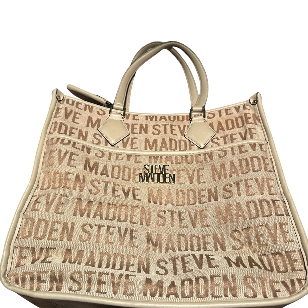 Steve Madden B-Dignity Logo Canvas Tote Bag Handbag Beige Tan - Large